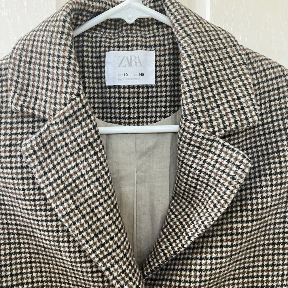 Zara Girls Two Tone Wool Blend Plaid Tweed Coat Brown Black Size 10